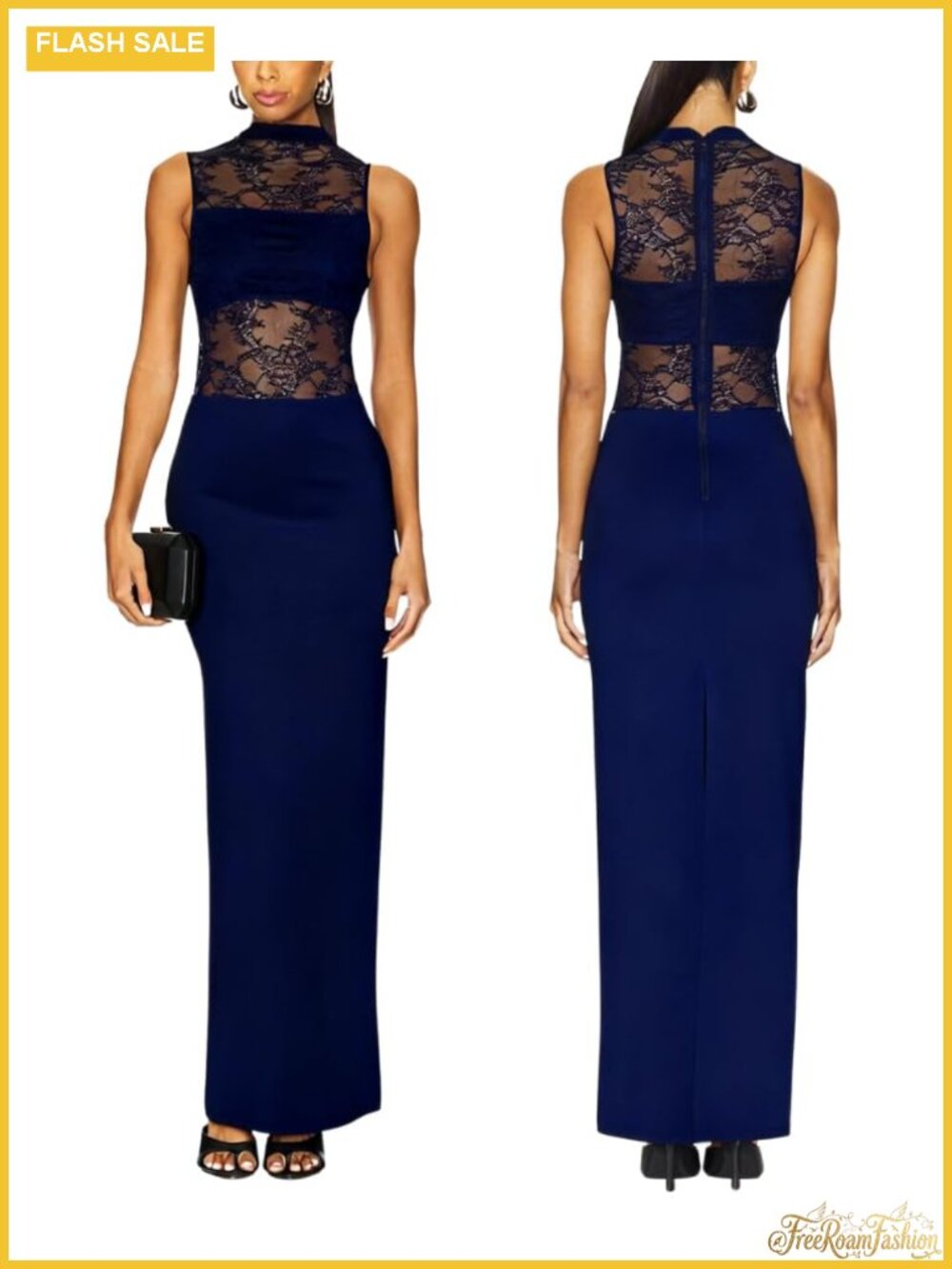 Sleeveless Lace Mesh Maxi Dress Mock Neck Bodycon Back Slit